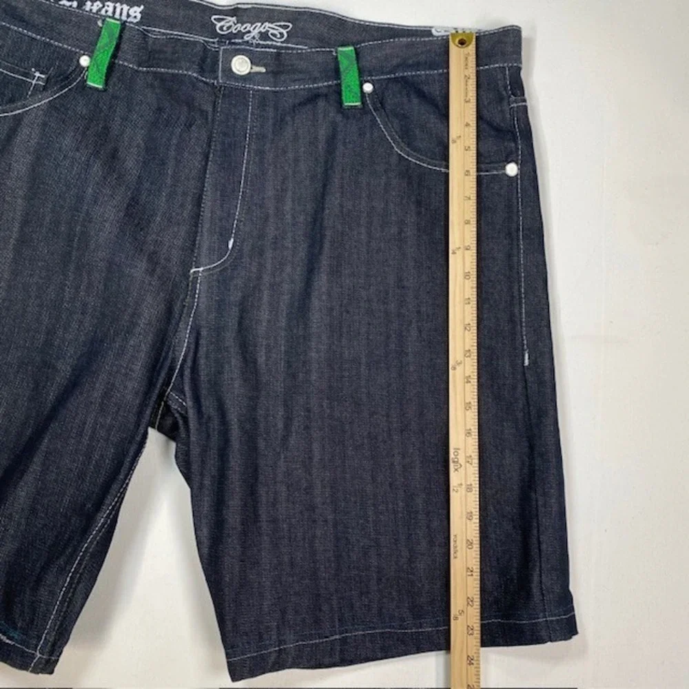 Coogi Jeans Mens Dark Wash Denim Shorts Green Accents Stitch Size 44 MODIFIED